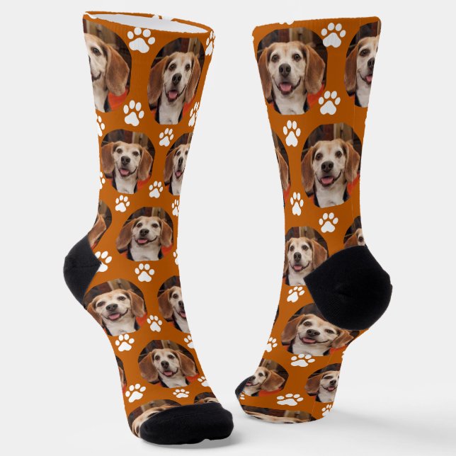 Cute Burnt Orange Pet Photo & Paw Prints Dog Cat Socks (Angled)