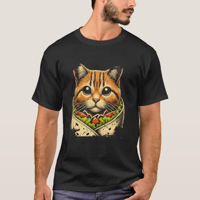 Cute Burrito Cat Head with Taco Burrito Love T-Shirt (Front)