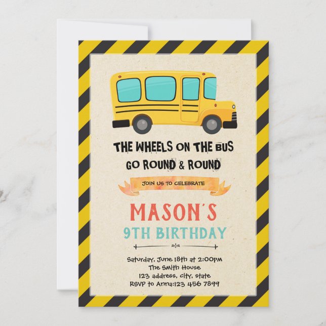 Cute bus Wheels on the Bus invitation (Front)