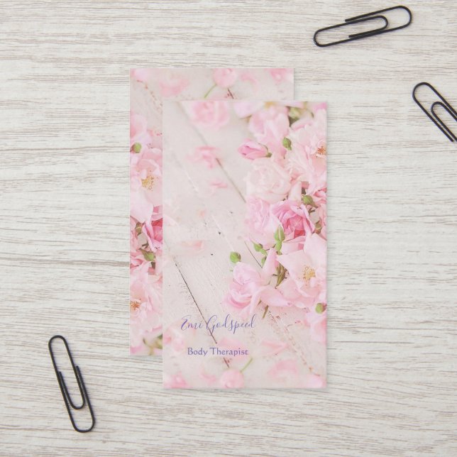 Cute Business Card with Fluffy Pink Flowers (Front/Back In Situ)