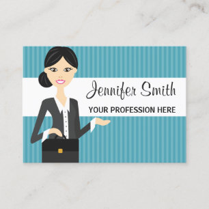 Cute Business Woman Illustration With Black Hair Business Card
