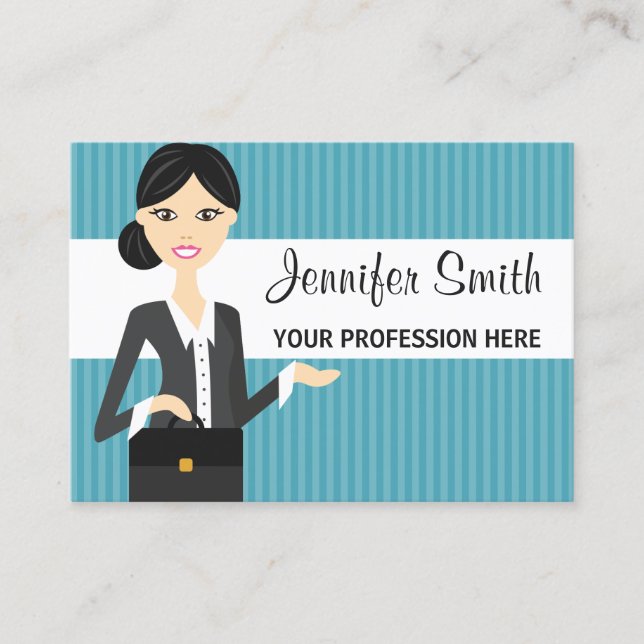 Cute Business Woman Illustration With Black Hair Business Card (Front)