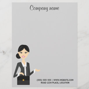 Cute Business Woman Illustration With Black Hair Personalized Letterhead