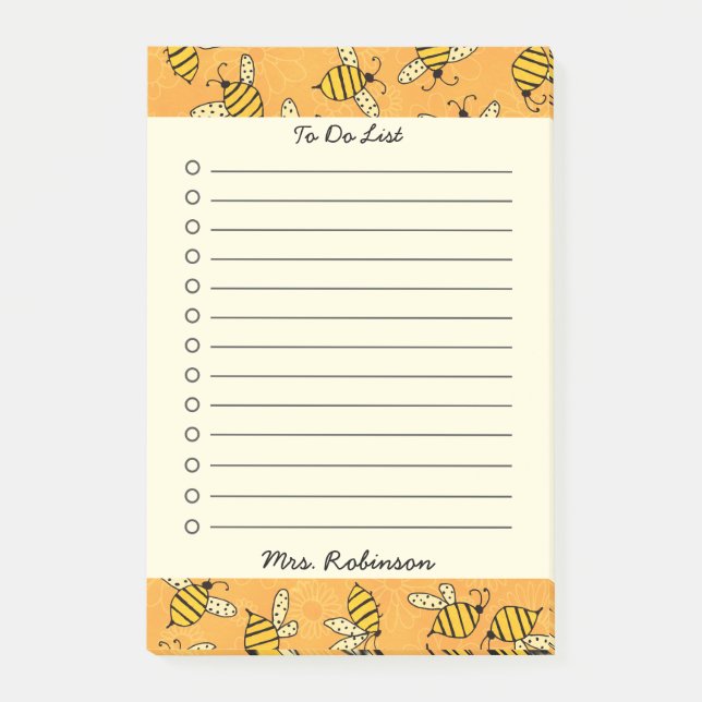 Cute Busy Bees Teacher To Do List 4x6 Post-it Notes (Front)