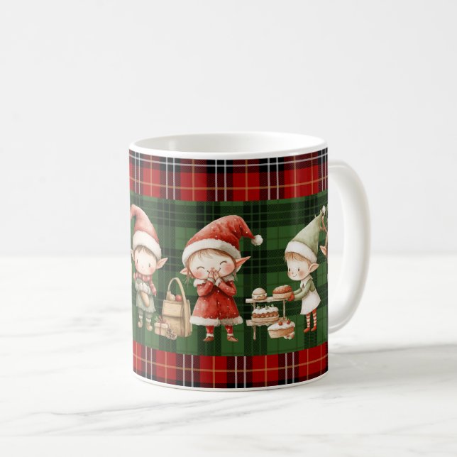 Cute Busy Elves Christmas Green Plaids  Coffee Mug (Front Right)