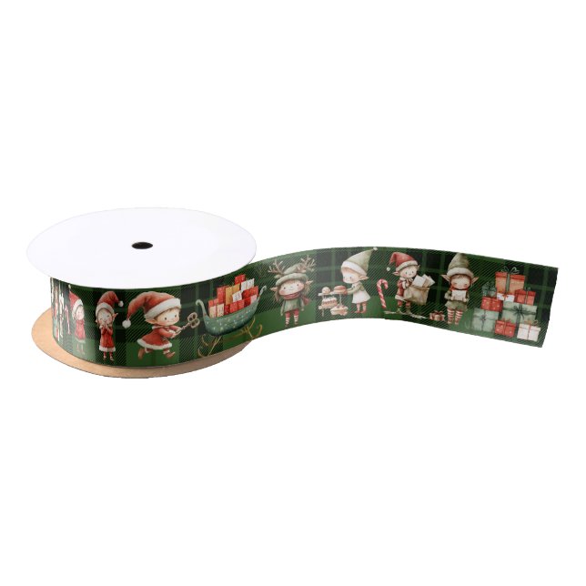 Cute Busy Elves Christmas Green Plaids Satin Ribbon (Spool)