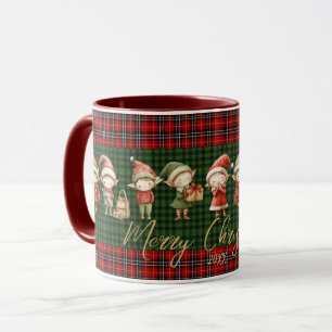 Cute Busy Elves Merry Christmas Green Red Plaids Mug