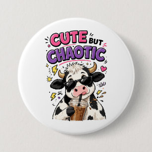 Cute but chaotic cow with iced coffee 7.5 cm round badge