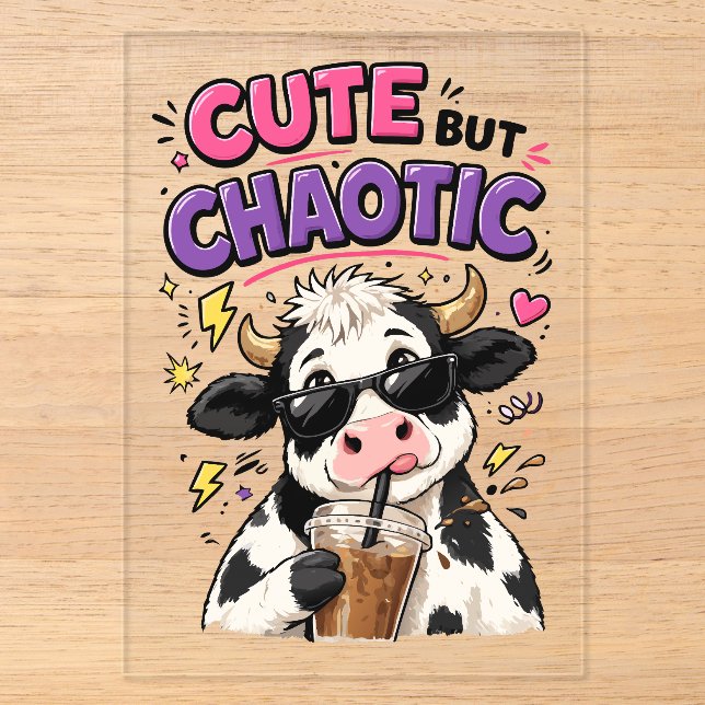 Cute but chaotic cow with iced coffee acrylic invitations (Front)