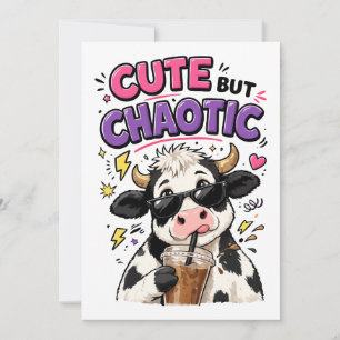 Cute but chaotic cow with iced coffee invitation