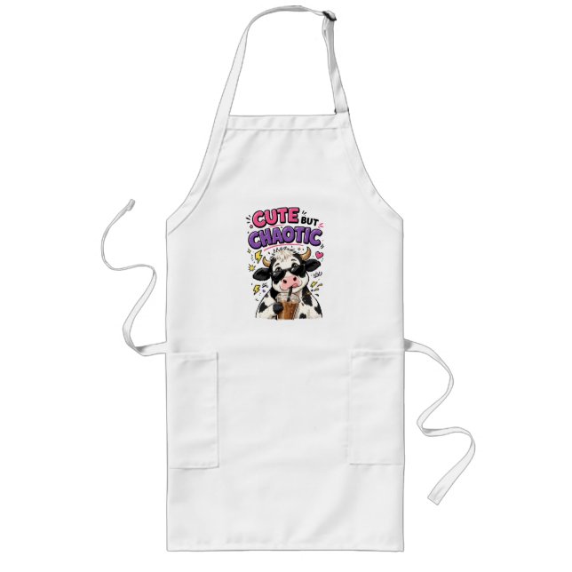 Cute but chaotic cow with iced coffee long apron (Front)