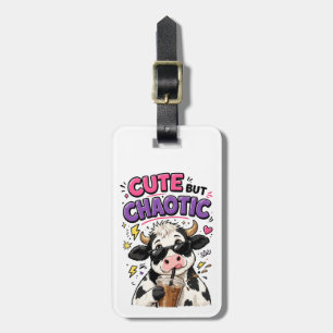 Cute but chaotic cow with iced coffee luggage tag