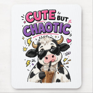 Cute but chaotic cow with iced coffee mouse mat