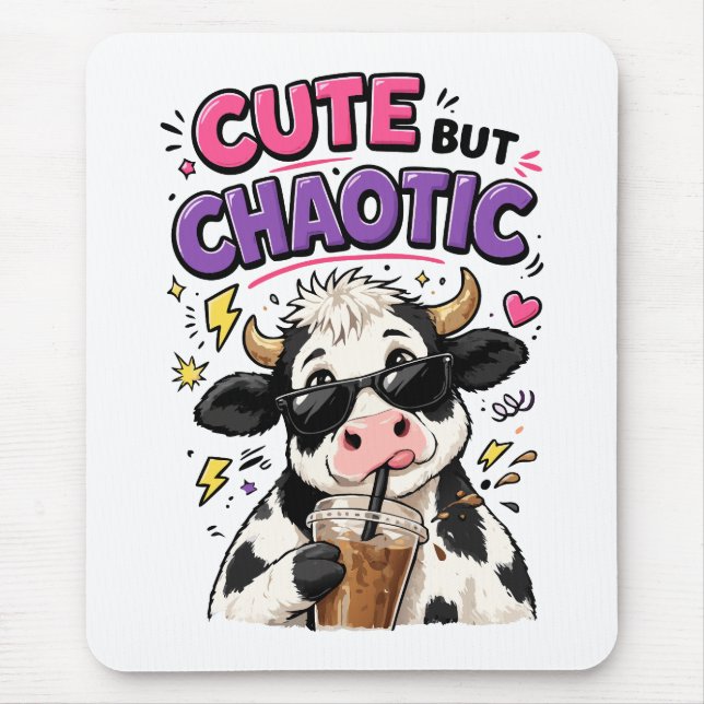 Cute but chaotic cow with iced coffee mouse mat (Front)