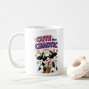 Cute but chaotic cow with iced coffee mug