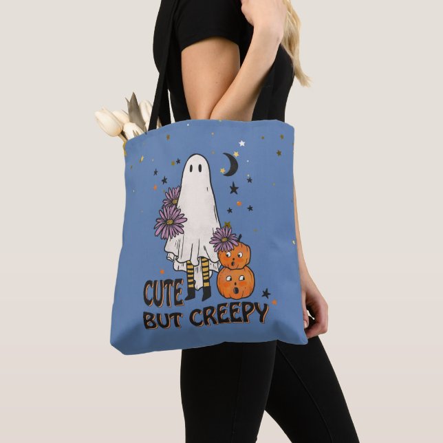 Cute But Creepy Cute Ghost and Stars Halloween Tote Bag (Close Up)