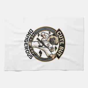 Cute But Dangerous Pug Dog Karate Kick_1 Tea Towel
