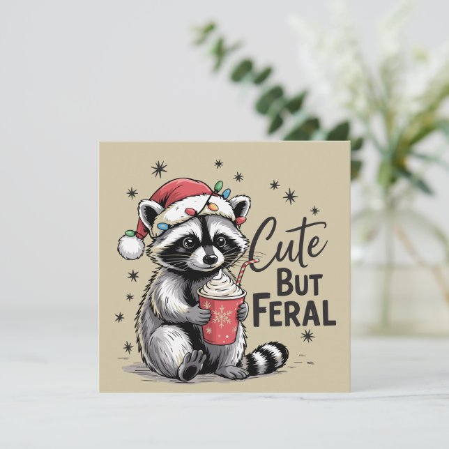 Cute But Feral Christmas Racoon Cute Animal Xmas Holiday Card (Standing Front)