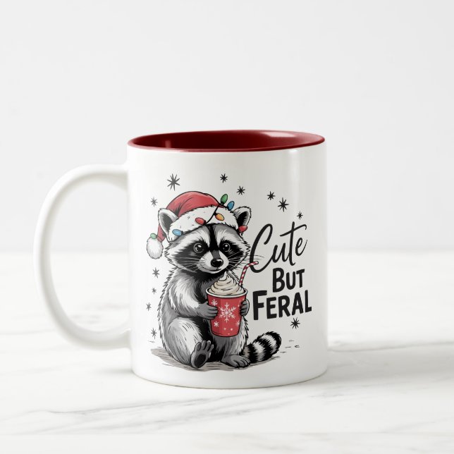 Cute But Feral Christmas Racoon Cute Animal Xmas Two-Tone Coffee Mug (Left)