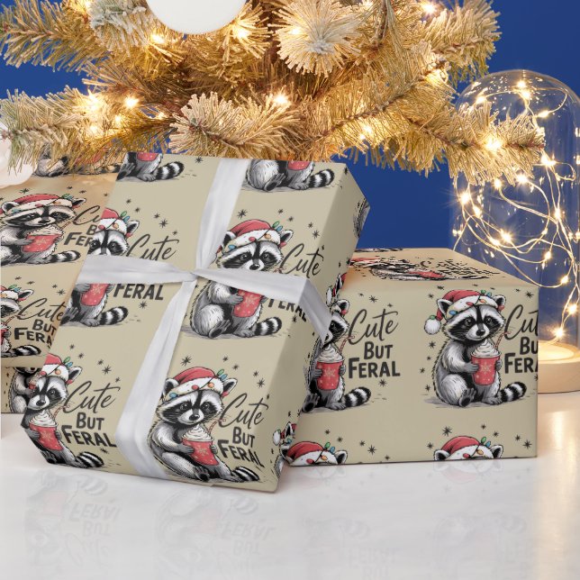 Cute But Feral Christmas Racoon Cute Animal Xmas Wrapping Paper (Holidays)