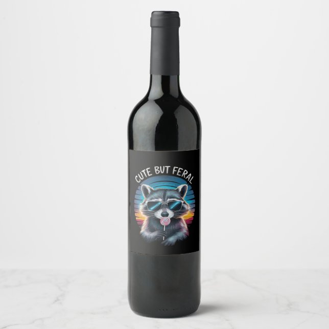 Cute But Feral Funny Racoon Wine Label (Front)