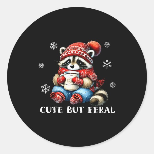 Cute But Feral Raccoon Drink Hot Cocoa Christmas W Classic Round Sticker (Front)