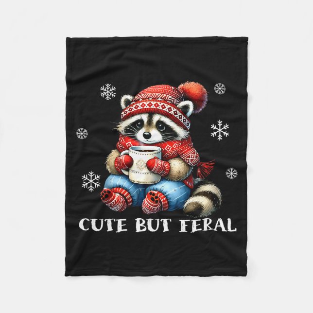 Cute But Feral Raccoon Drink Hot Cocoa Christmas W Fleece Blanket (Front)