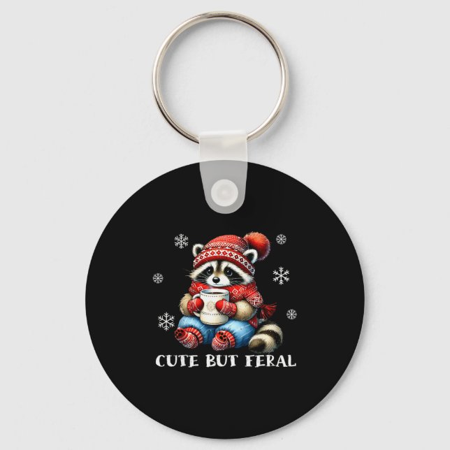 Cute But Feral Raccoon Drink Hot Cocoa Christmas W Key Ring (Front)
