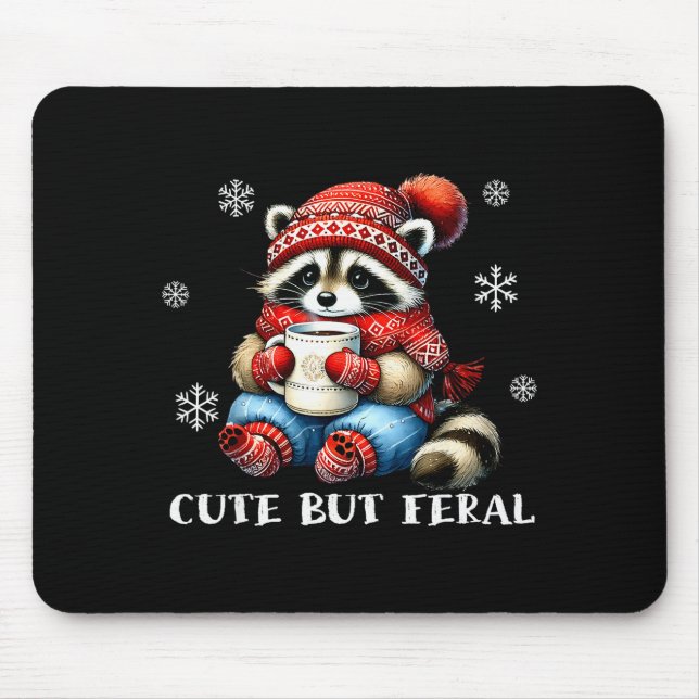 Cute But Feral Raccoon Drink Hot Cocoa Christmas W Mouse Mat (Front)