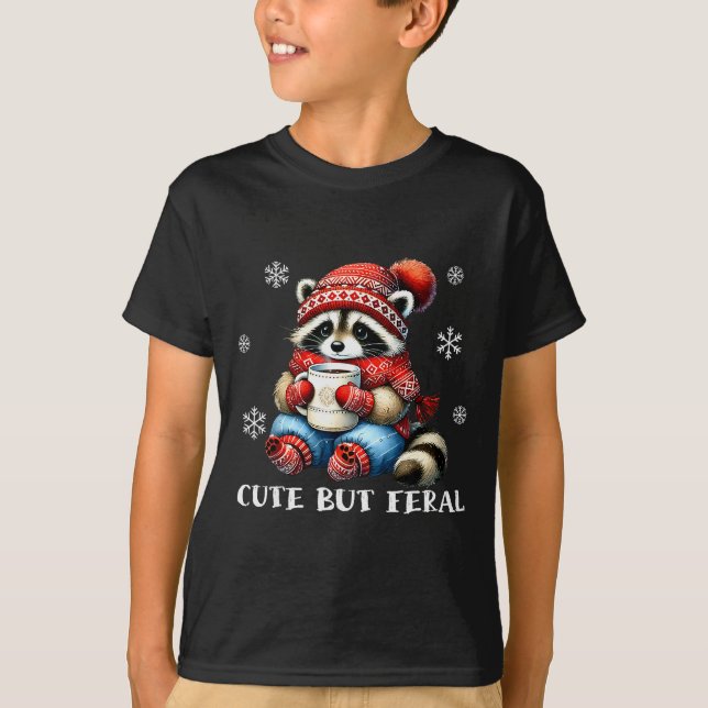 Cute But Feral Raccoon Drink Hot Cocoa Christmas W T-Shirt (Front)