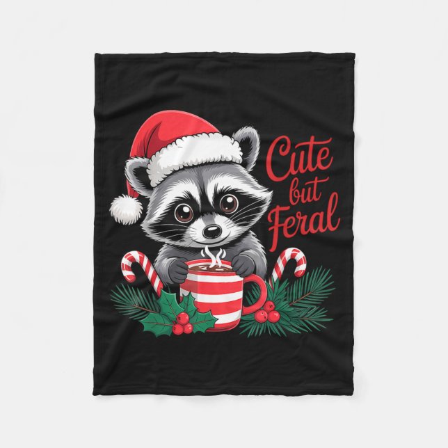 Cute But Feral Raccoon With Santa Hat Xmas Cute Ch Fleece Blanket (Front)