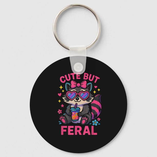 Cute But Feral Racoon Meme Funny Animal Gles Retr Key Ring (Front)