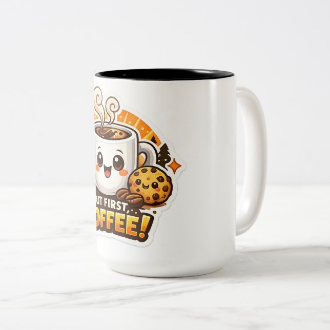 Cute "But First Coffee" Cartoon Character Two-Tone Coffee Mug (Front Right)