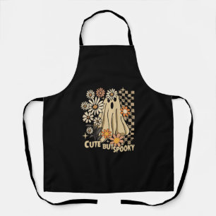 Cute but Spooky Funny Floral Halloween Ghost Check Apron