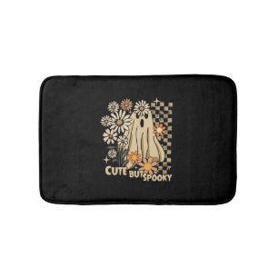 Cute but Spooky Funny Floral Halloween Ghost Check Bath Mat