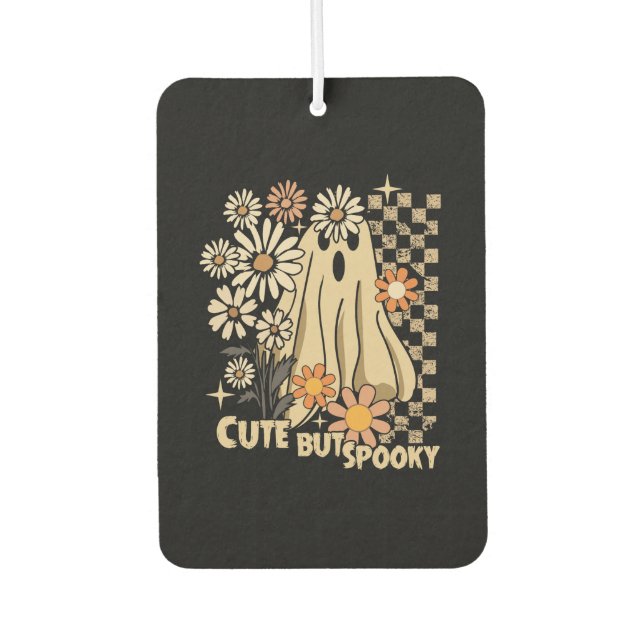 Cute but Spooky Funny Floral Halloween Ghost Check Car Air Freshener (Front)
