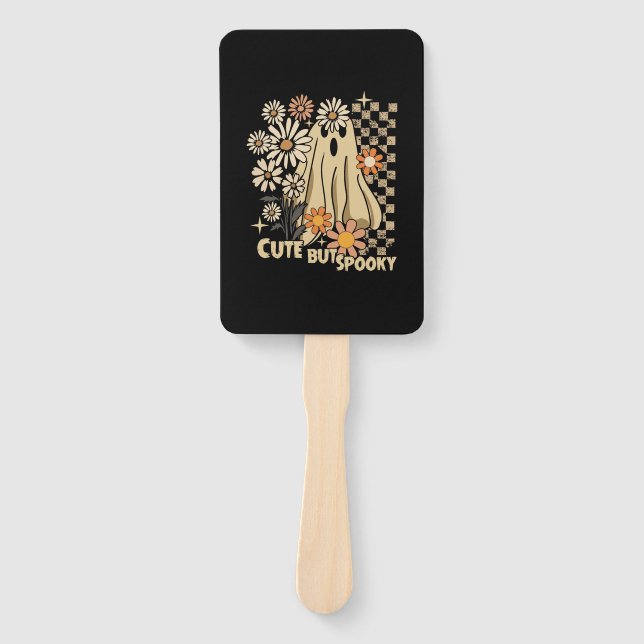 Cute but Spooky Funny Floral Halloween Ghost Check Hand Fan (Front)