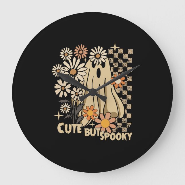 Cute but Spooky Funny Floral Halloween Ghost Check Large Clock (Front)