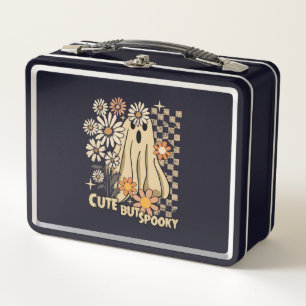 Cute but Spooky Funny Floral Halloween Ghost Check Metal Lunch Box
