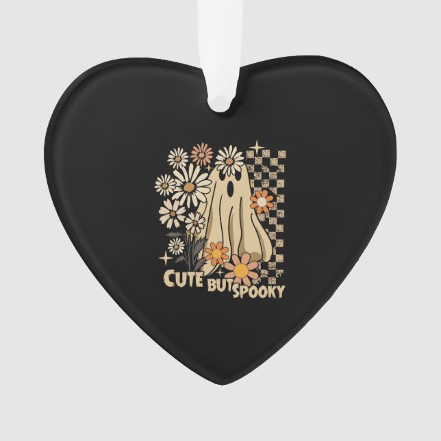 Cute but Spooky Funny Floral Halloween Ghost Check Ornament (Front)