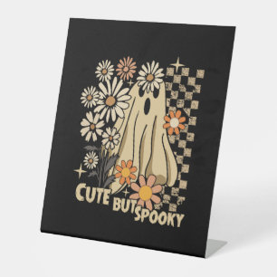 Cute but Spooky Funny Floral Halloween Ghost Check Pedestal Sign