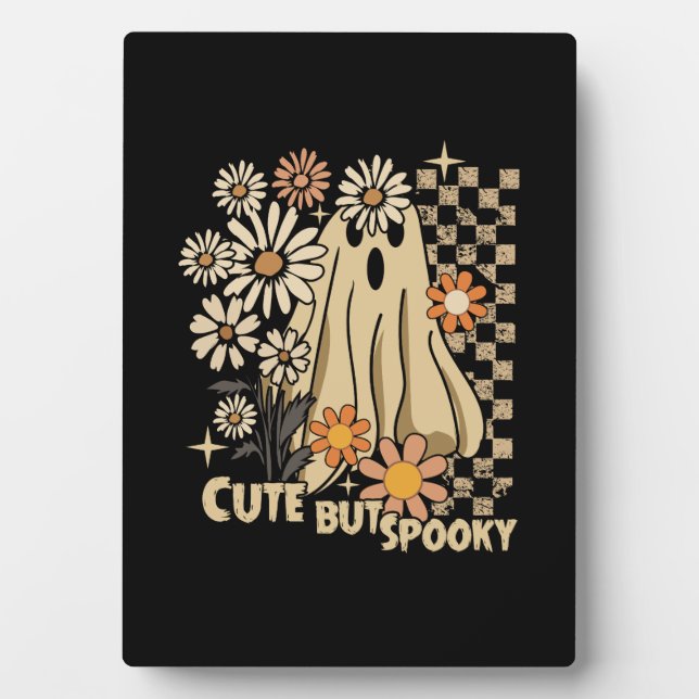 Cute but Spooky Funny Floral Halloween Ghost Check Plaque (Front)