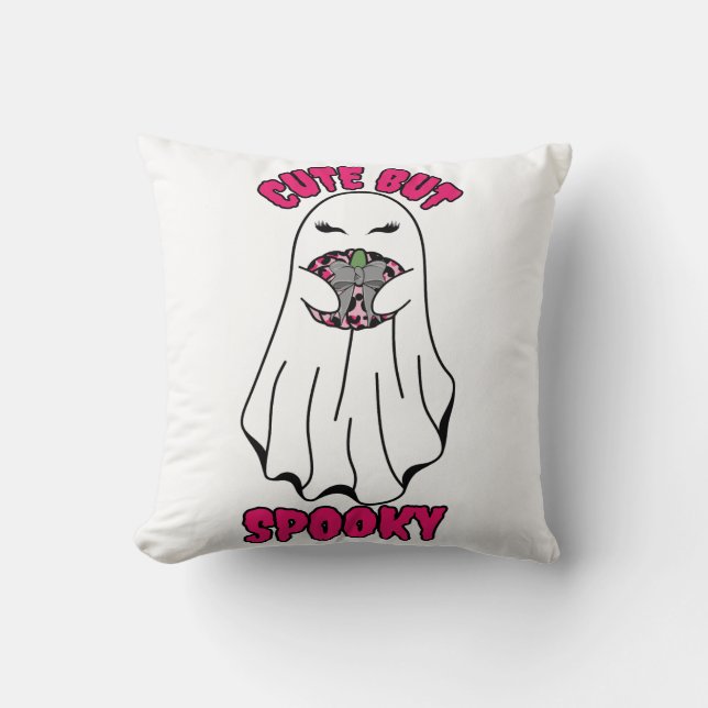 Cute but Spooky Halloween Ghost Holding a Pumpkin  Cushion (Front)