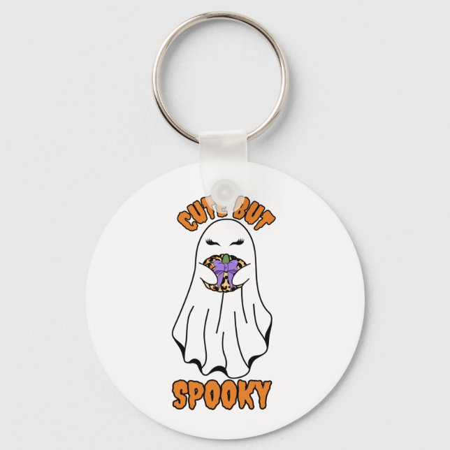 Cute but Spooky Halloween Ghost Holding a Pumpkin  Key Ring (Front)