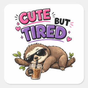Cute but tired sloth with iced coffee square sticker