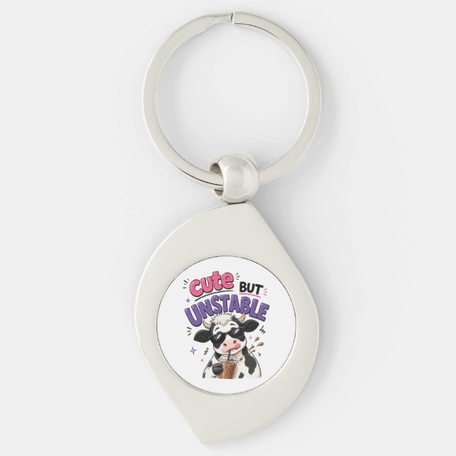 Cute but unstable cow with iced coffee key ring (Front)