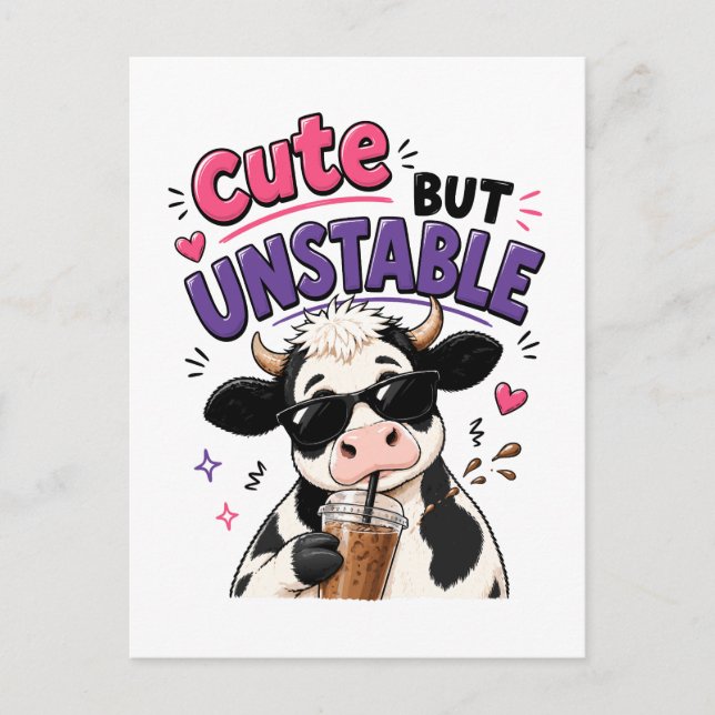 Cute but unstable cow with iced coffee postcard (Front)