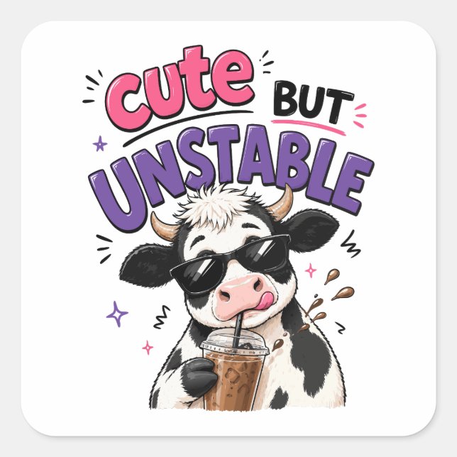 Cute but unstable cow with iced coffee square sticker (Front)