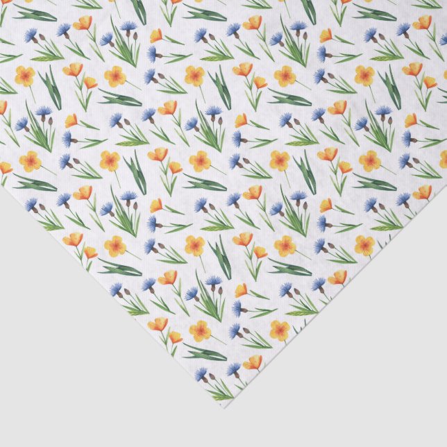Cute Buttercups, Blue Cornflowers & Greenery Tissue Paper (Detail)