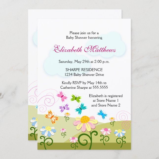 Cute Butterflies and Daisies Baby Shower Invitation (Front/Back)